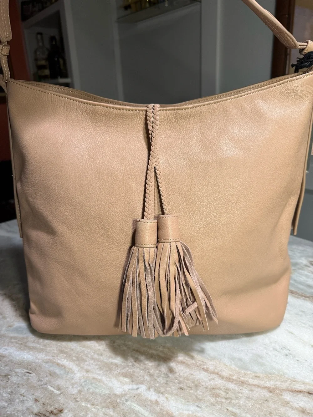 NWT MARGOT Beige Leather Hobo with Braided Tassels